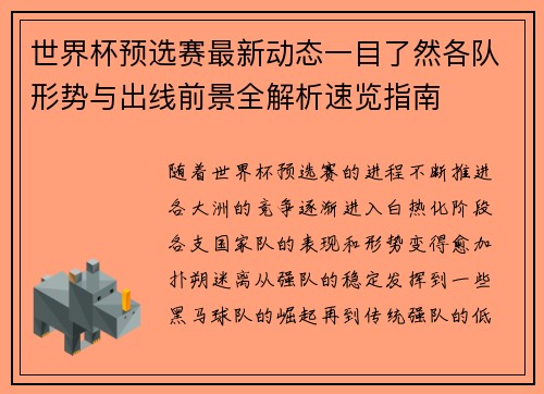 世界杯预选赛最新动态一目了然各队形势与出线前景全解析速览指南 世界杯预选赛最新动态一目了然各队形势与出线前景全解析速览指南
