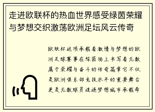 走进欧联杯的热血世界感受绿茵荣耀与梦想交织激荡欧洲足坛风云传奇